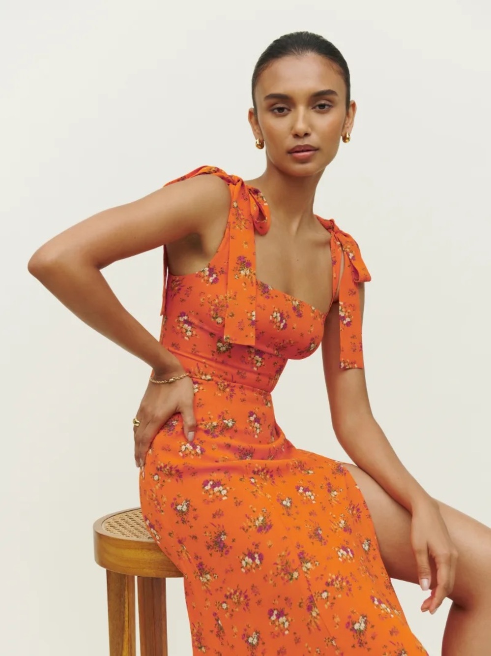 Reformation Orange Floral Tie-Shoulder Midi Dress